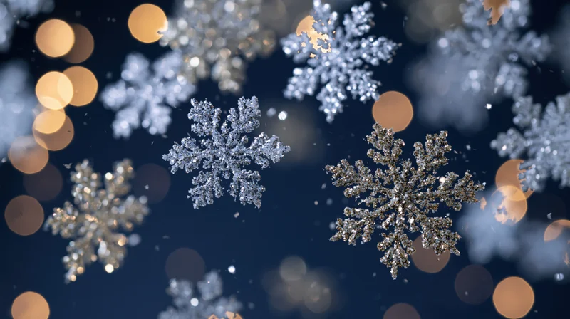Glittery snowflakes floating against a dark blue background with golden bokeh lights