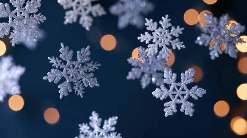 Glittery snowflakes floating against a dark blue background with warm bokeh lights