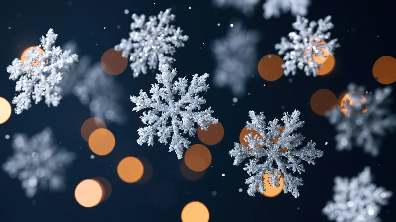 Glittery snowflakes floating against a dark blue background with warm bokeh lights