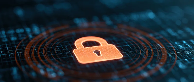 Glowing orange padlock icon centered on dark digital grid background