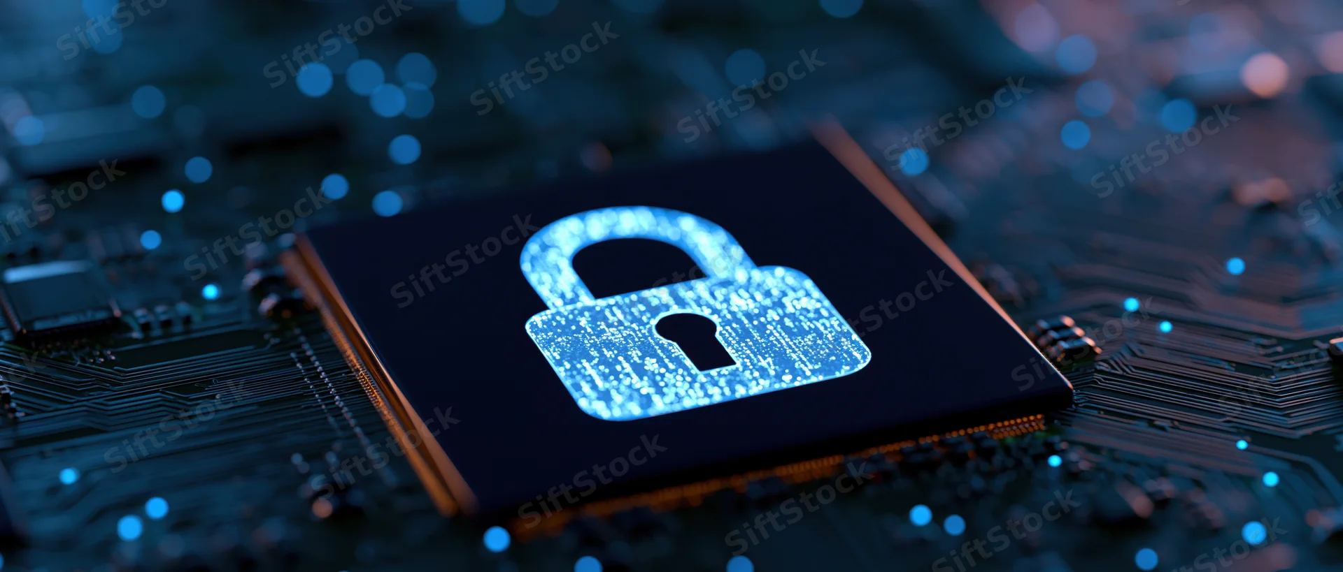Glowing padlock icon on a dark circuit board surface