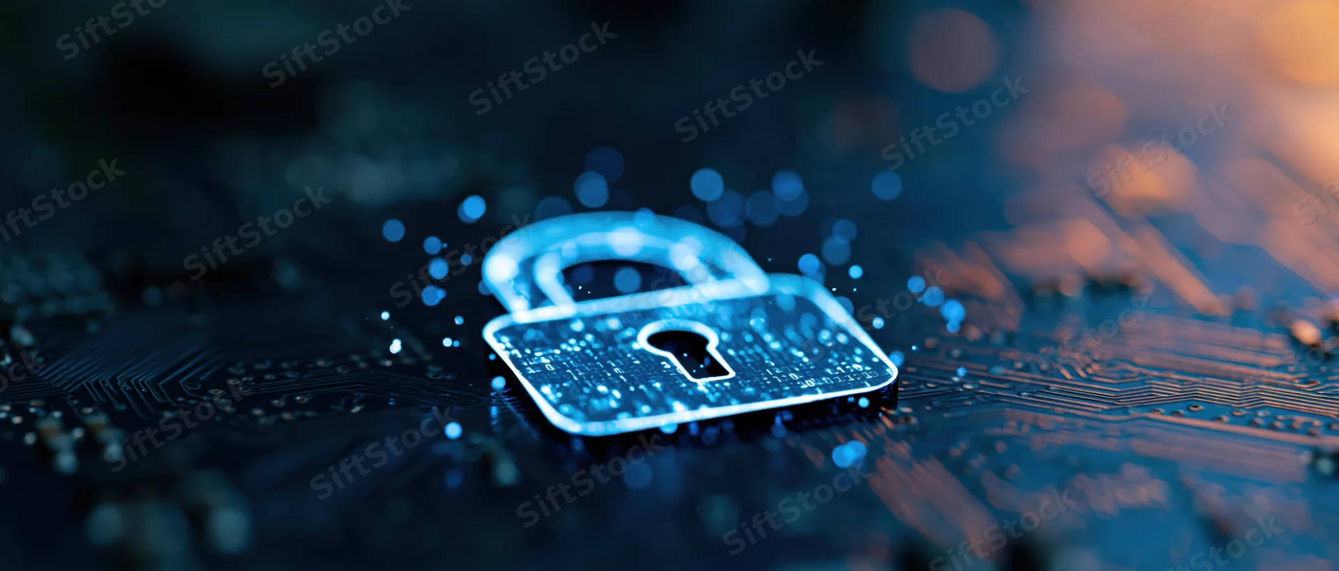 Glowing digital padlock icon on dark circuit board surface