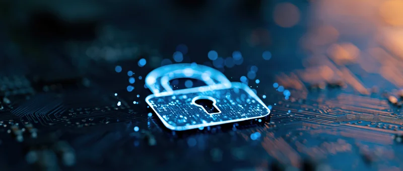Glowing digital padlock icon on dark circuit board surface