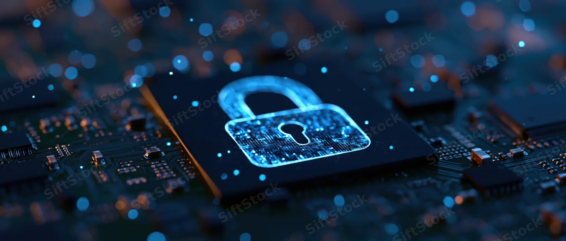 Glowing padlock icon on dark circuit board surface