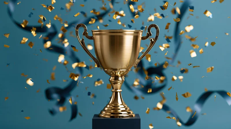 Gold trophy on dark pedestal surrounded by falling confetti and blue ribbons