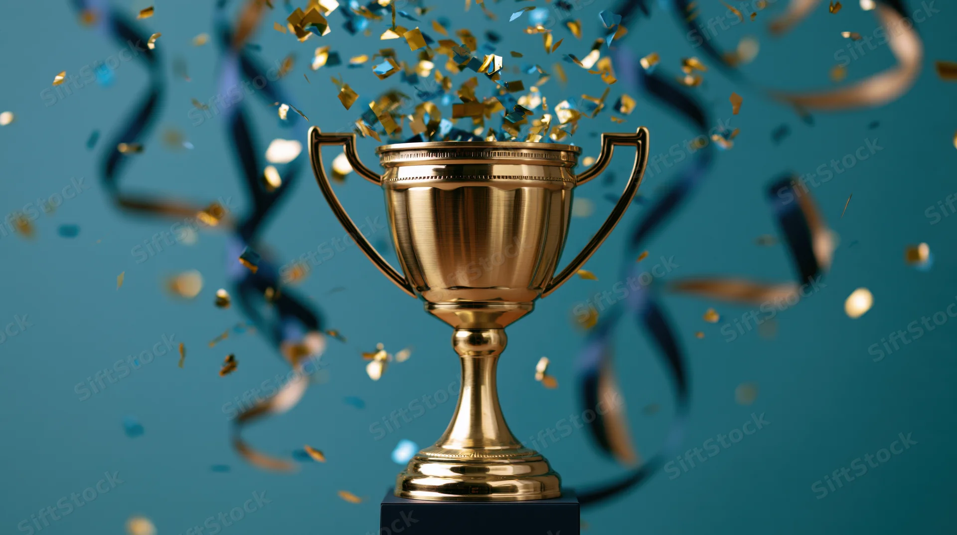 Golden trophy cup on dark pedestal with confetti and ribbons swirling around it