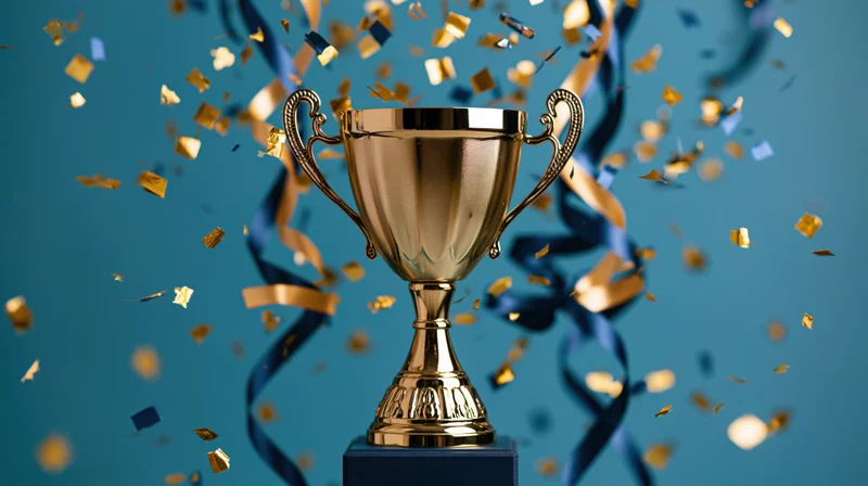 Golden trophy on dark pedestal surrounded by falling confetti and ribbons