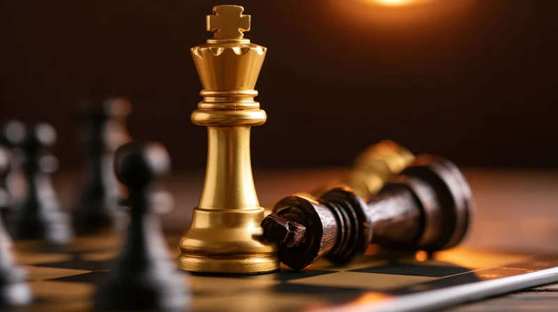 Gold chess king standing upright beside a fallen dark king on a chessboard under warm light
