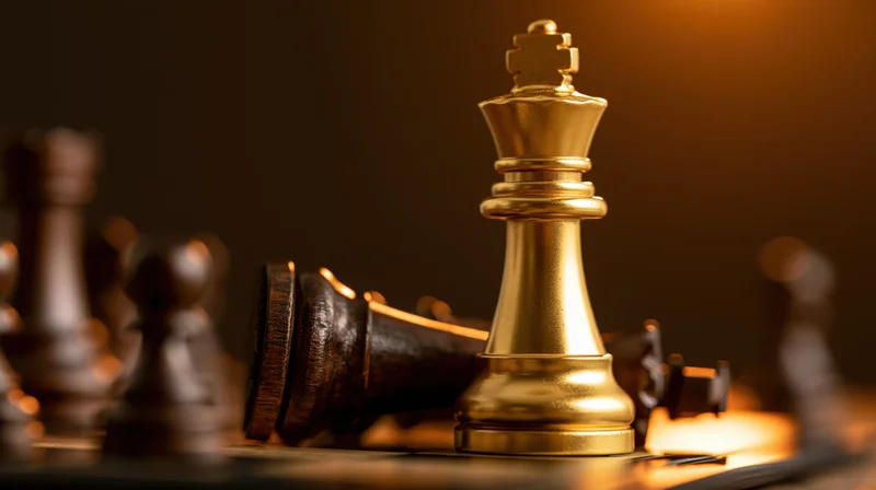 Golden chess king standing upright beside a fallen dark chess piece on a board