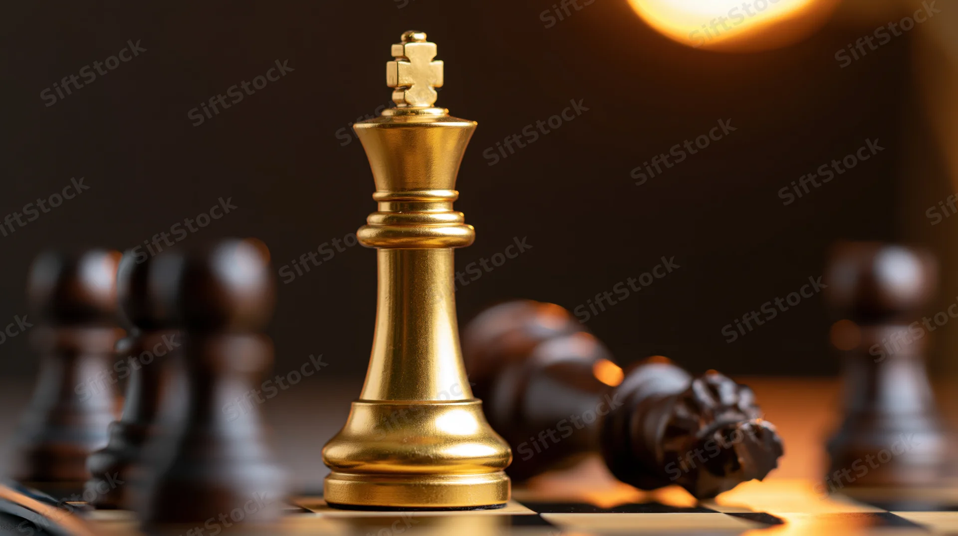 Golden chess king standing upright beside a fallen dark king on a chessboard under warm light