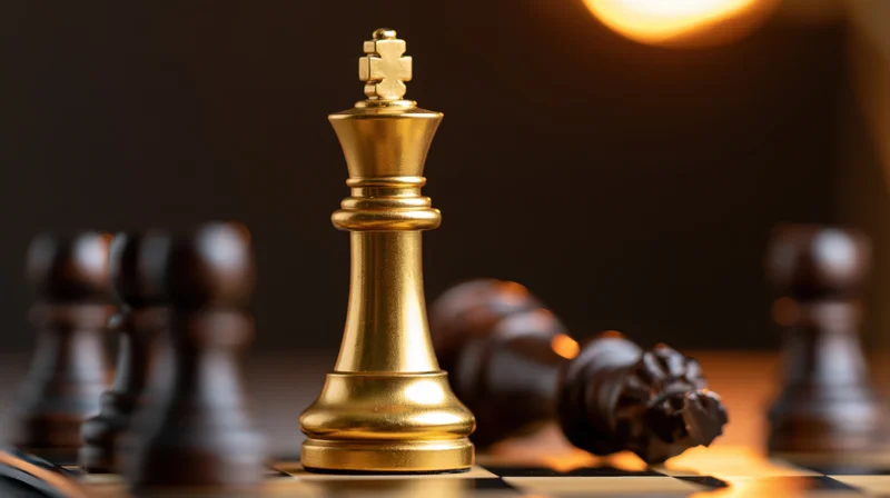 Golden chess king standing upright beside a fallen dark king on a chessboard under warm light