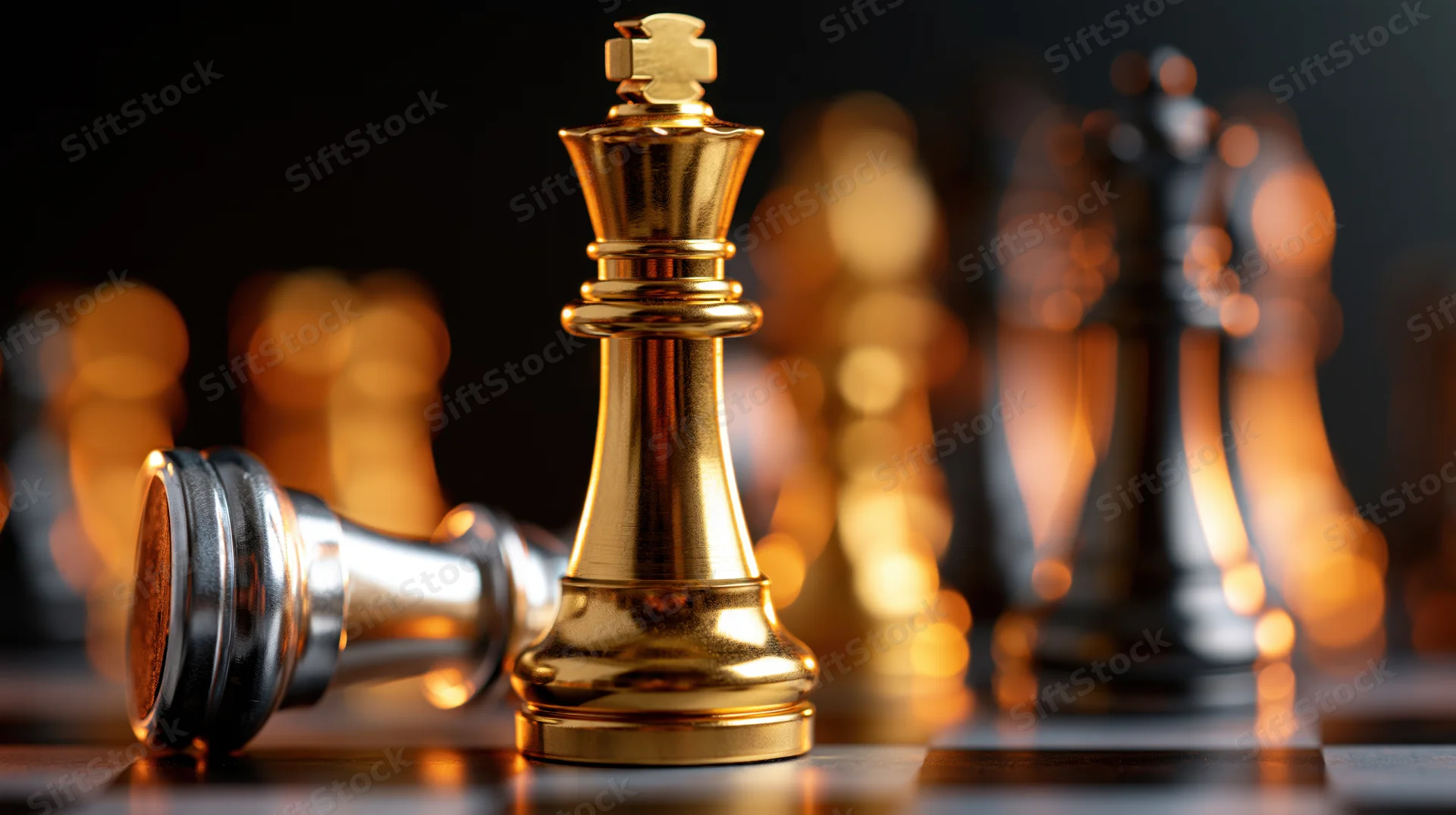 Gold chess king standing upright beside a fallen silver king on a chessboard