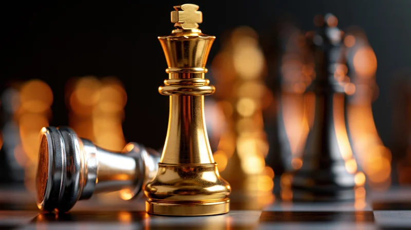 Gold chess king standing upright beside a fallen silver king on a chessboard