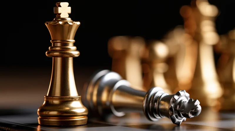 Gold chess king standing upright beside a fallen silver king on a chessboard