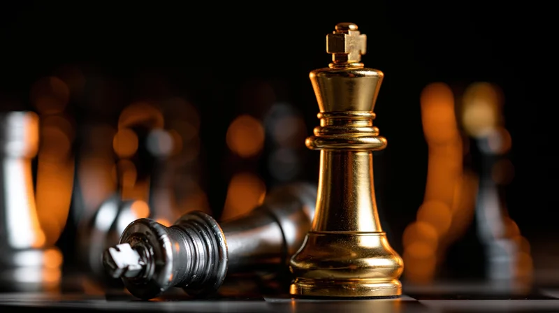 Gold chess king standing upright beside a fallen silver king on a dark board with blurred background lights