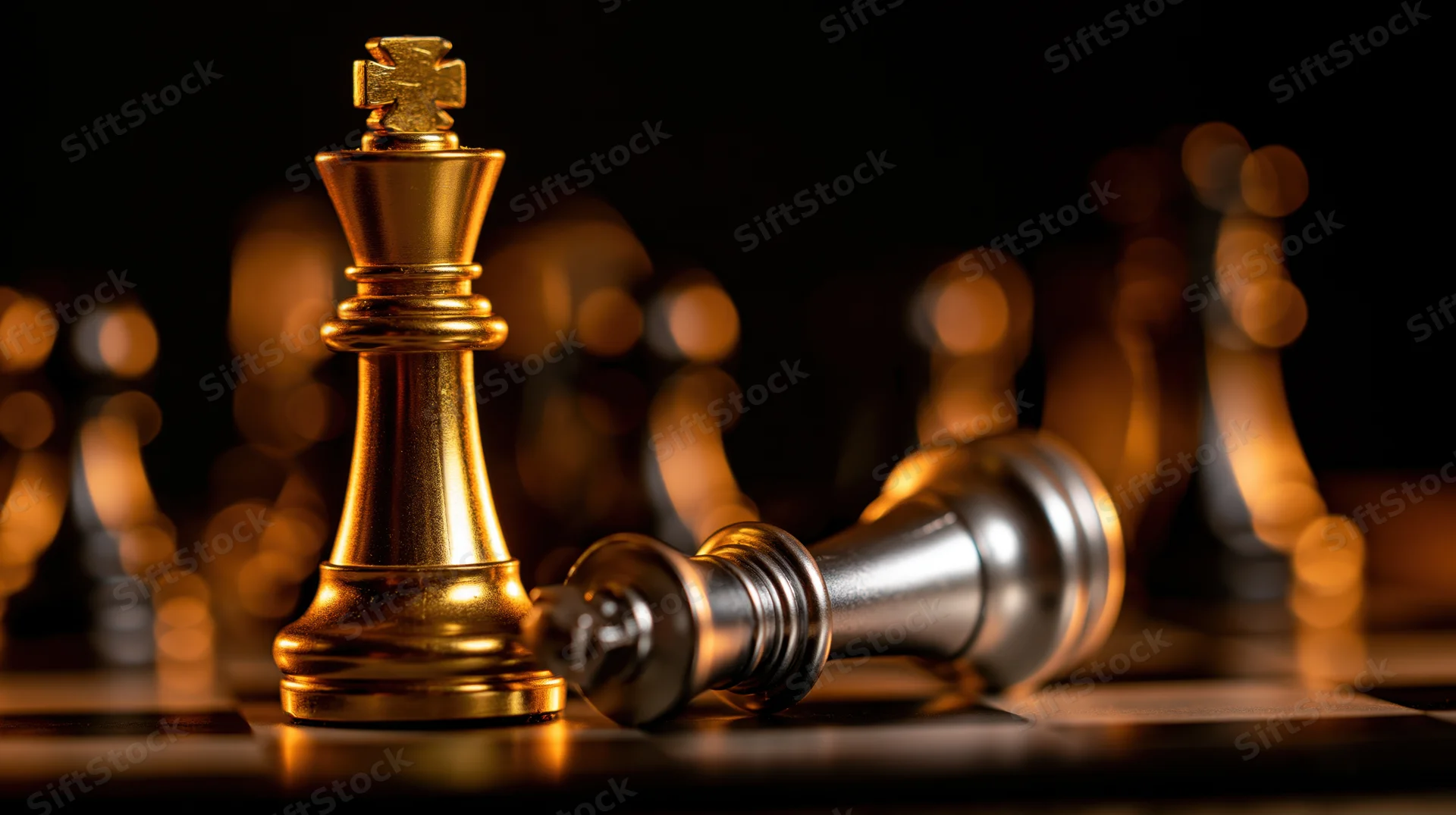 Gold chess king standing upright beside a fallen silver king on a dark board