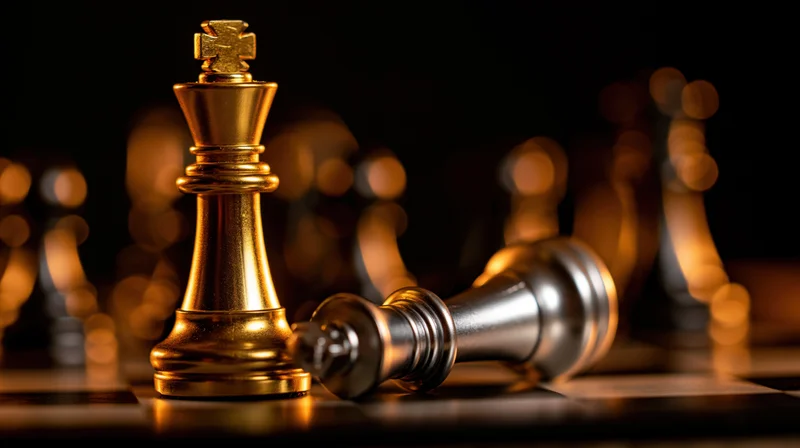 Gold chess king standing upright beside a fallen silver king on a dark board