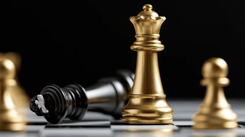 Gold chess king standing upright over fallen black king on chessboard