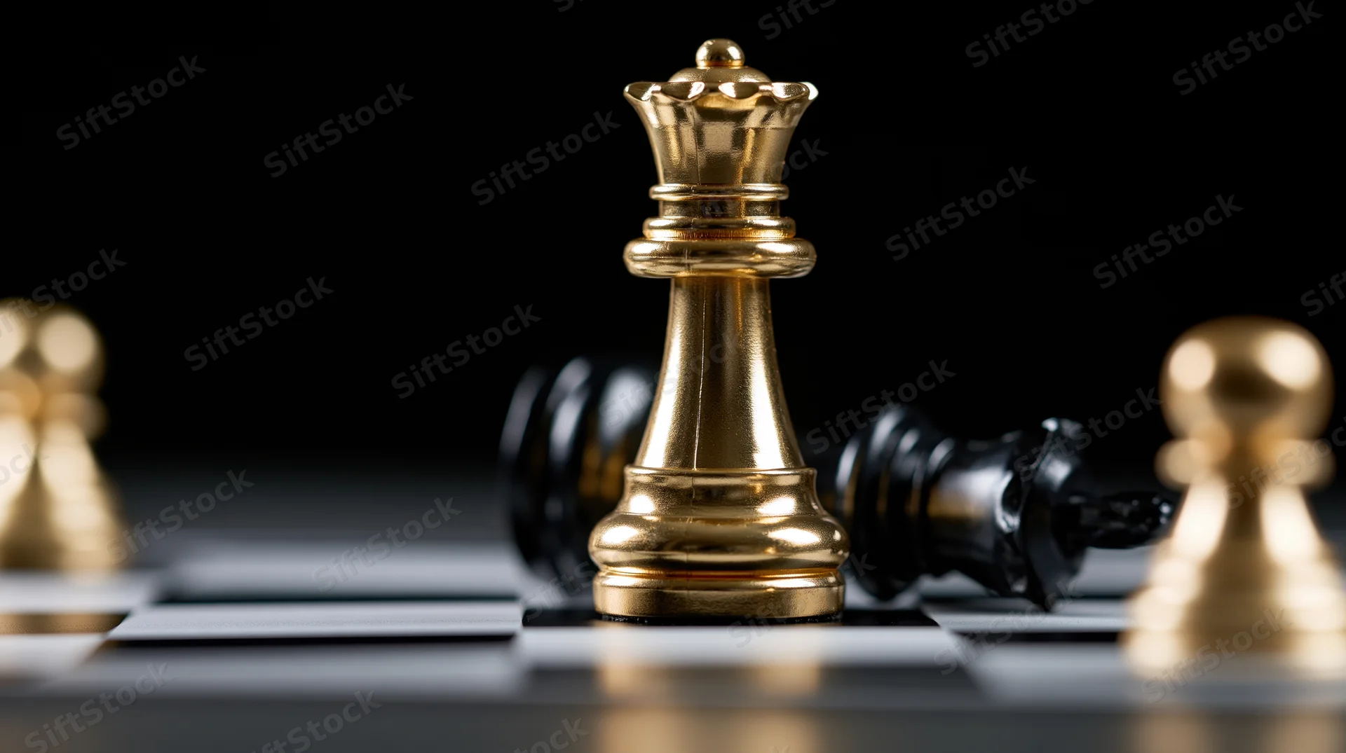 Gold chess king standing upright on board over fallen black king