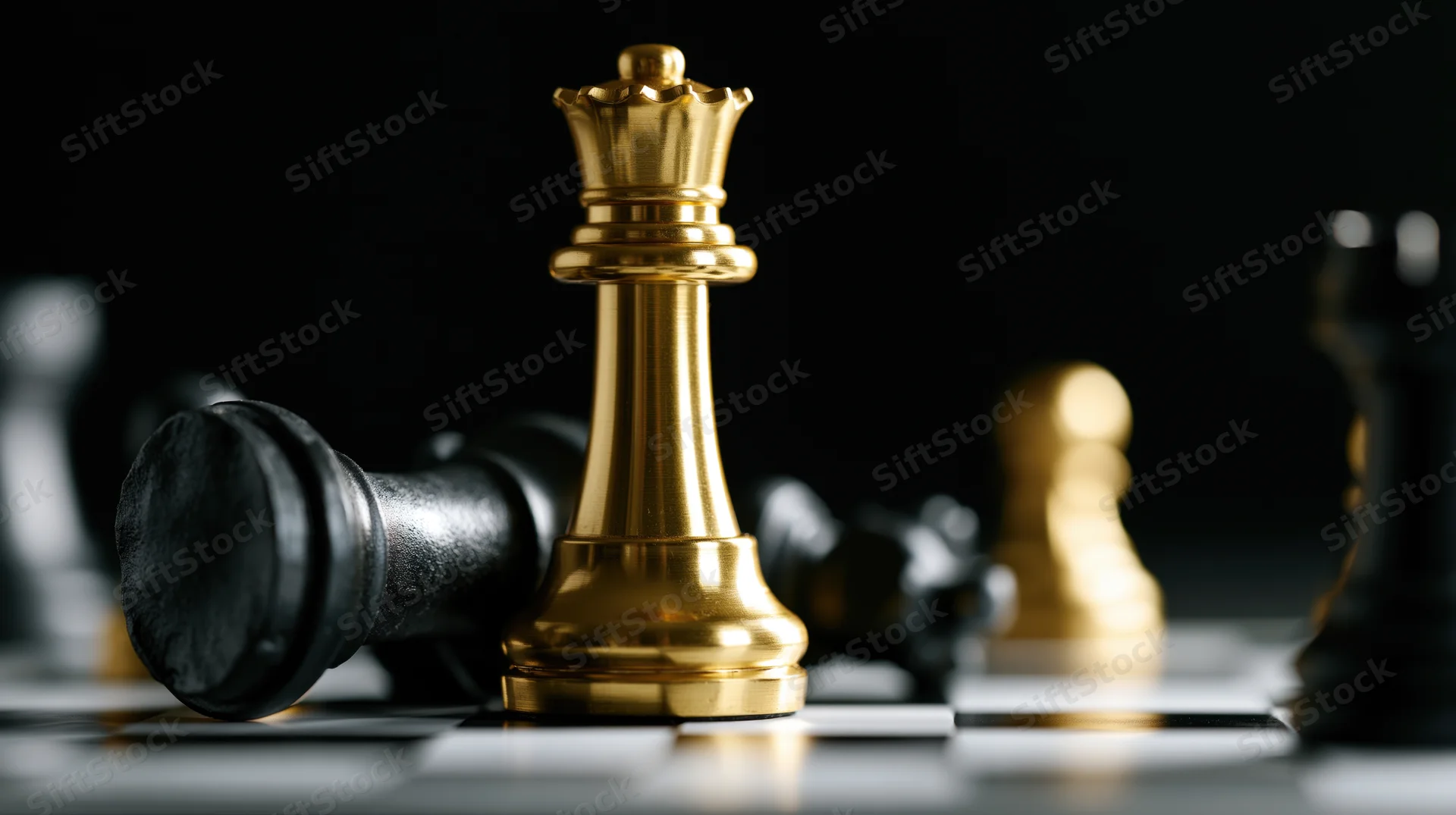 Gold chess king standing upright over a fallen black king on a chessboard