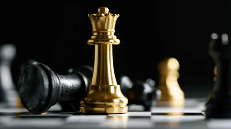 Gold chess king standing upright over a fallen black king on a chessboard