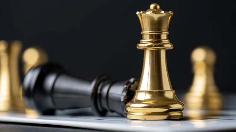 Gold chess king standing upright over fallen black king on chessboard
