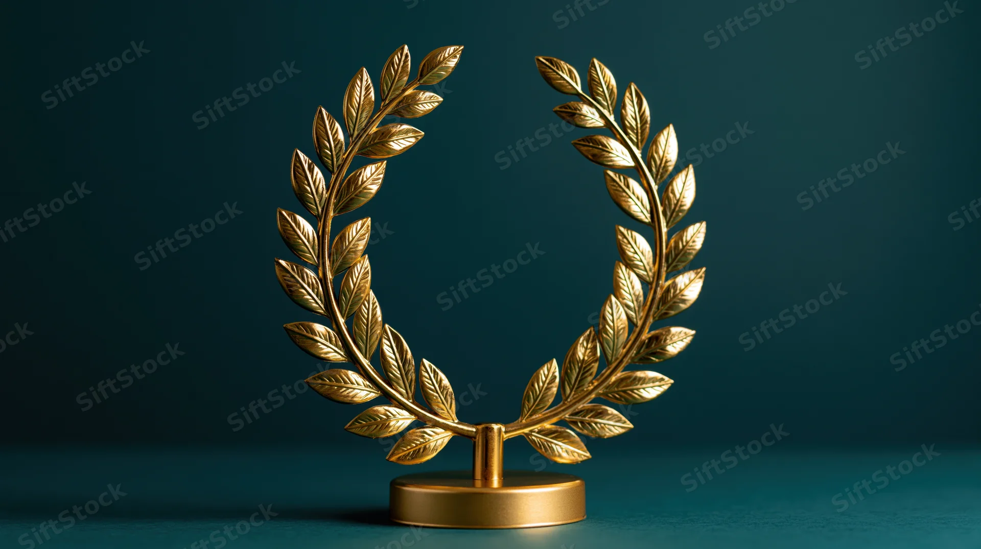 Golden laurel wreath trophy on a circular base against a dark teal background