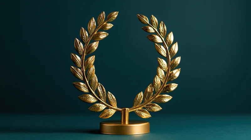 Golden laurel wreath trophy on a circular base against a dark teal background