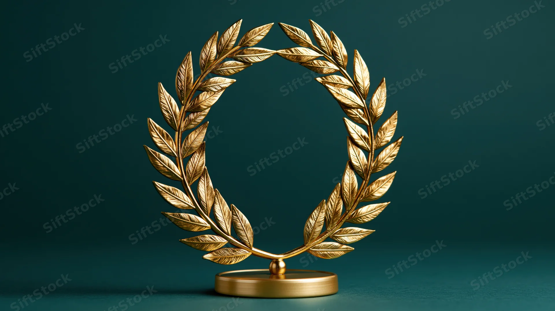Golden laurel wreath trophy on a circular base against a teal background