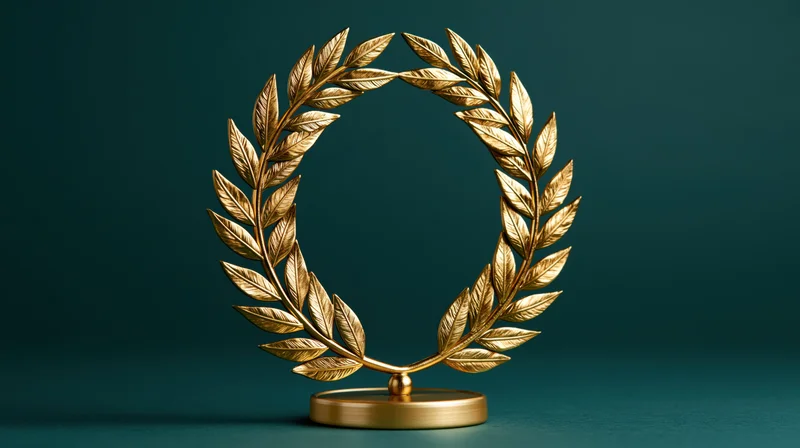 Golden laurel wreath trophy on a circular base against a teal background