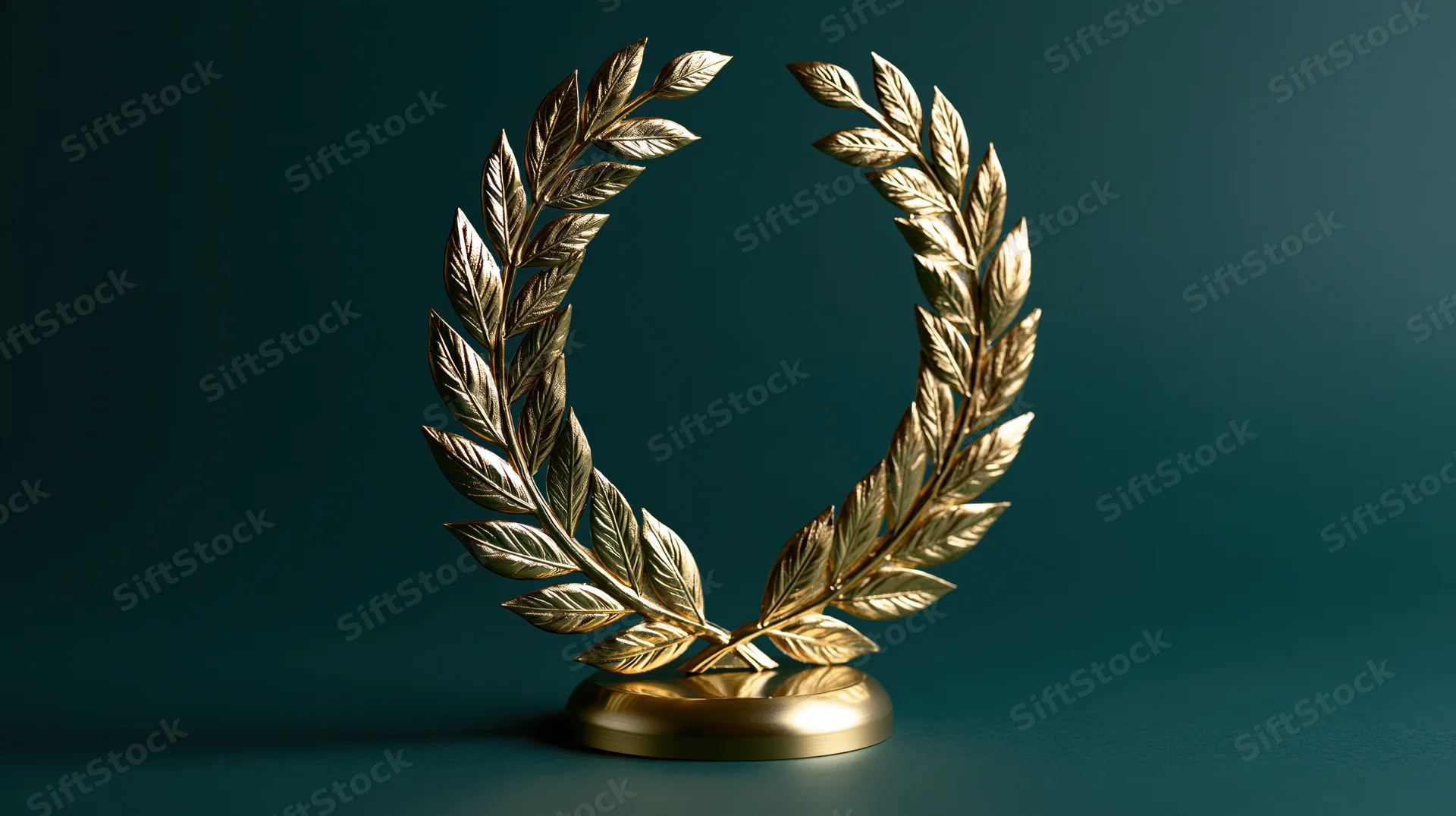 Golden laurel wreath trophy on a circular base against a dark teal background