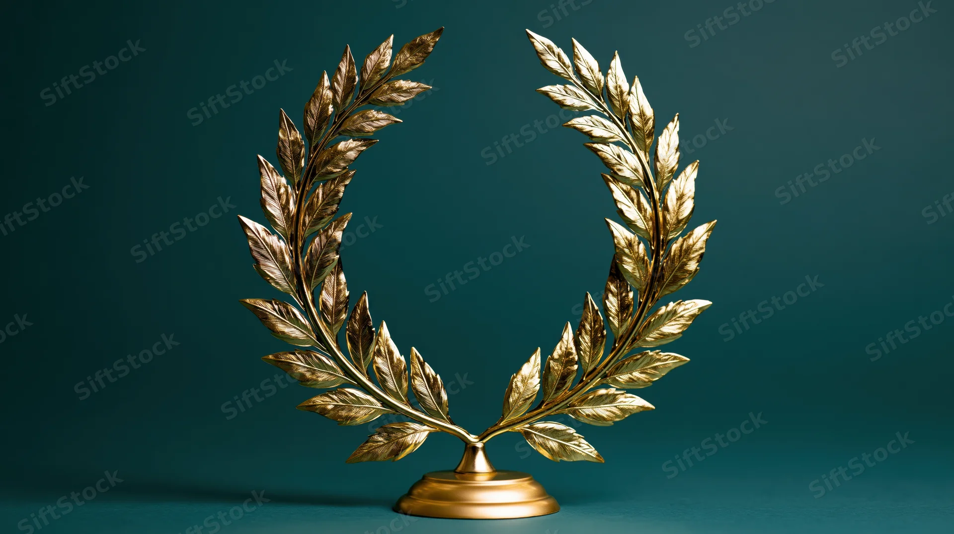 Golden laurel wreath trophy on a circular base against a teal background