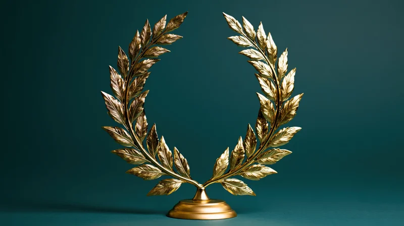Golden laurel wreath trophy on a circular base against a teal background