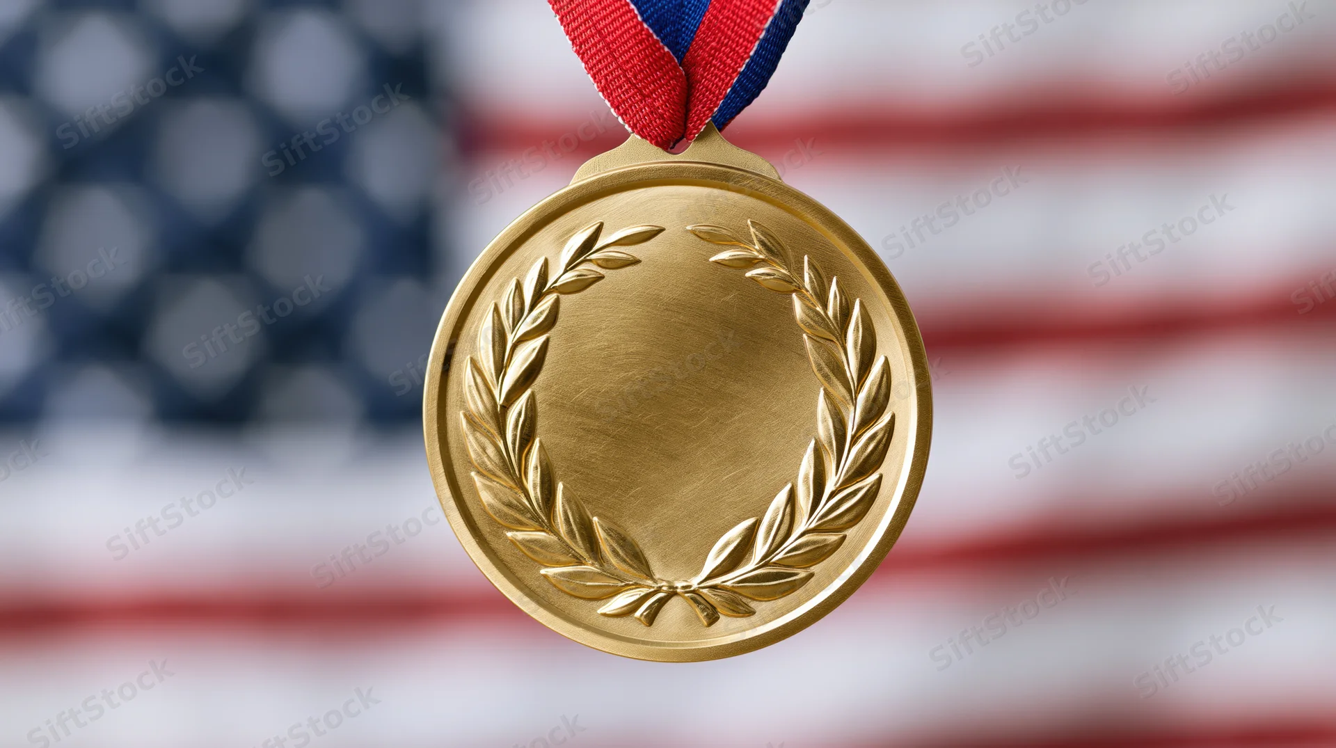 Gold medal with embossed laurel wreath hanging from red and blue ribbon against blurred american flag background
