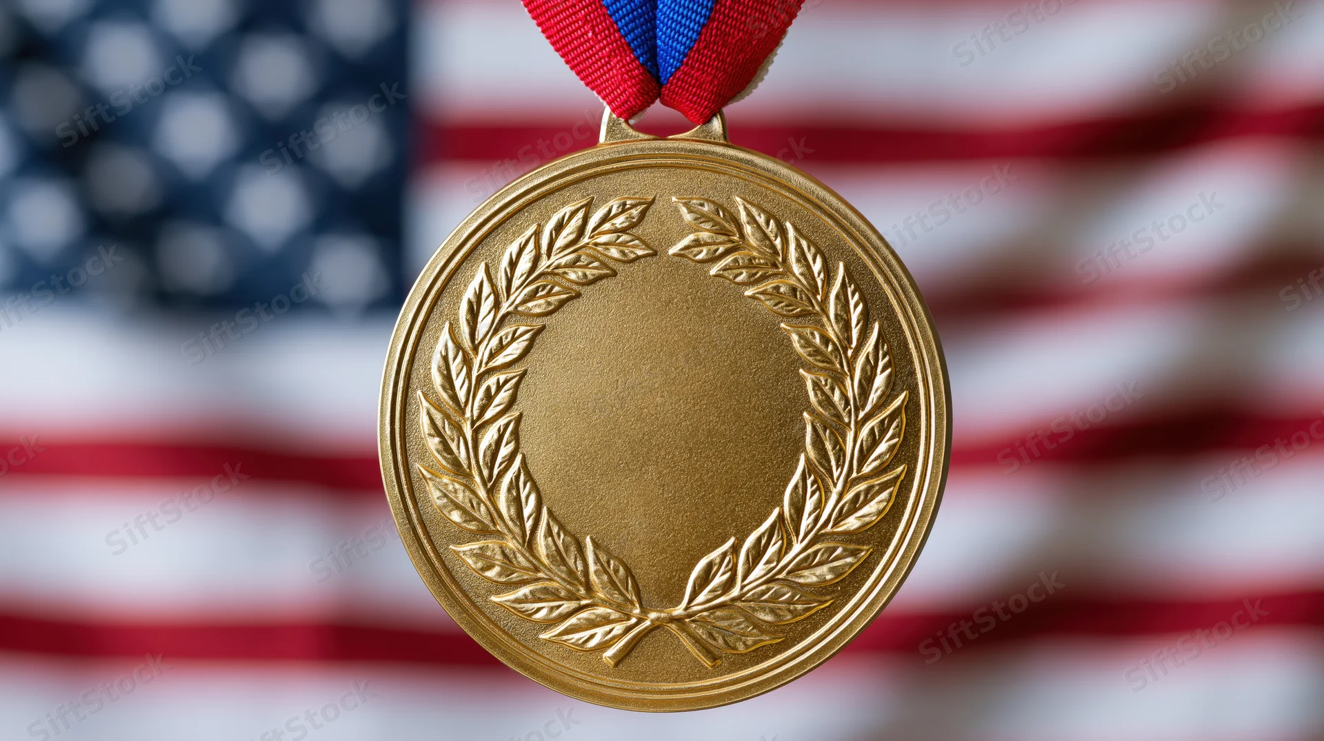 Gold medal with embossed laurel wreath hanging from red blue ribbon against blurred american flag background