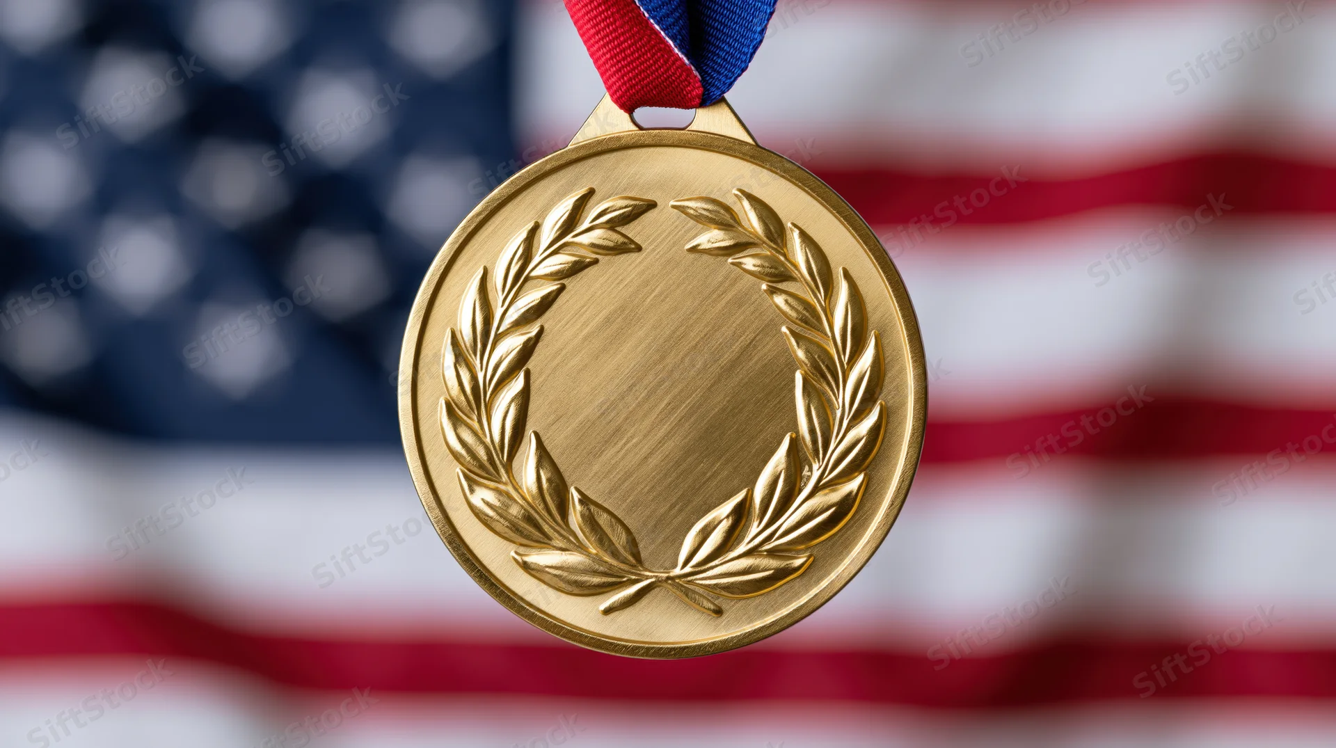 Gold medal with embossed laurel wreath hanging from red white and blue ribbon against blurred american flag background