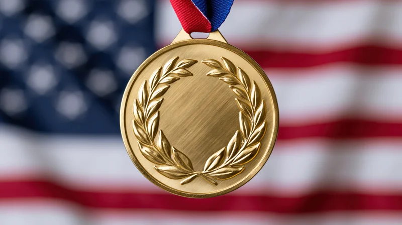 Gold medal with embossed laurel wreath hanging from red white and blue ribbon against blurred american flag background