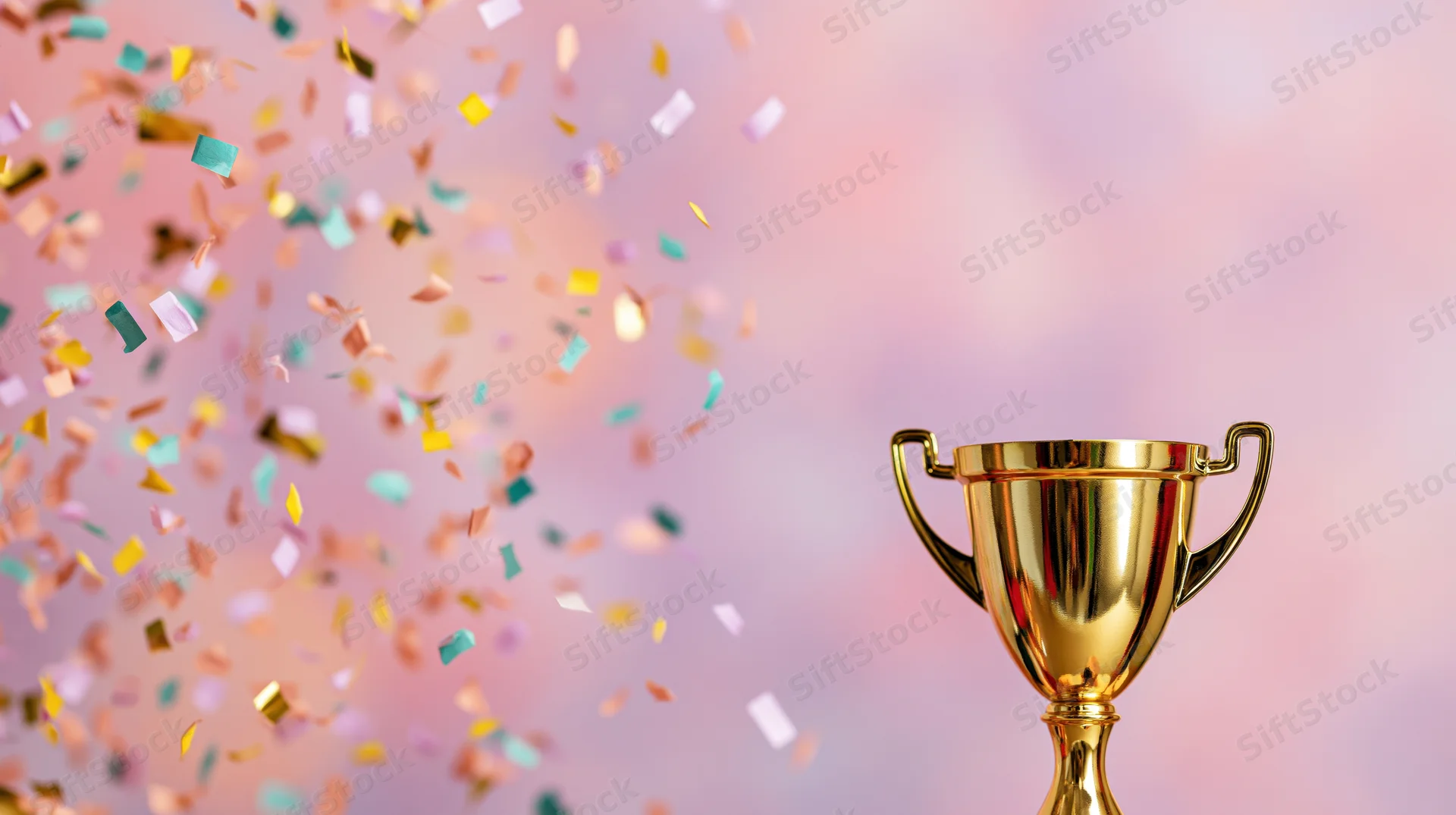 Golden trophy cup with falling confetti against a soft pink background