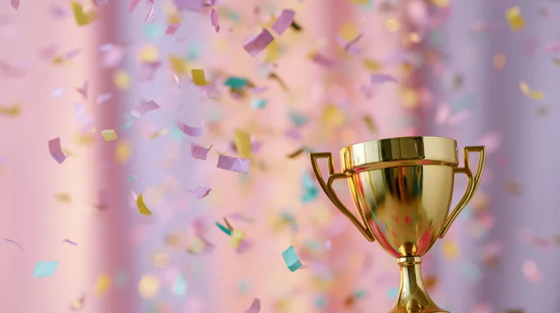 Golden trophy cup in lower right corner surrounded by falling confetti against soft pastel background