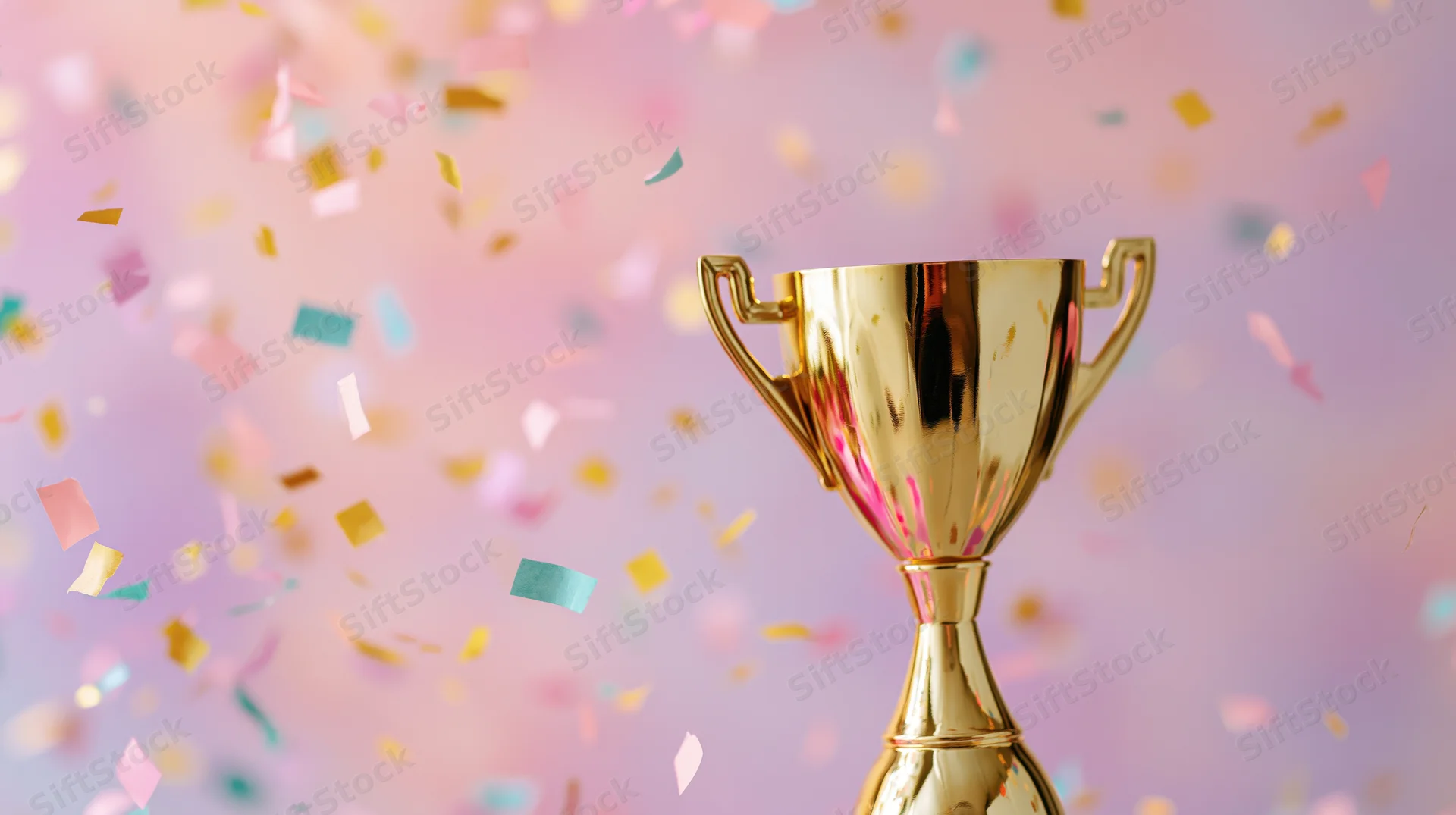 Golden trophy with confetti falling against a pastel background