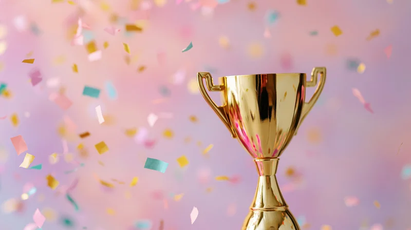 Golden trophy with confetti falling against a pastel background