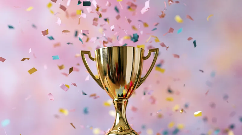 Golden trophy cup surrounded by falling confetti against a soft pastel background