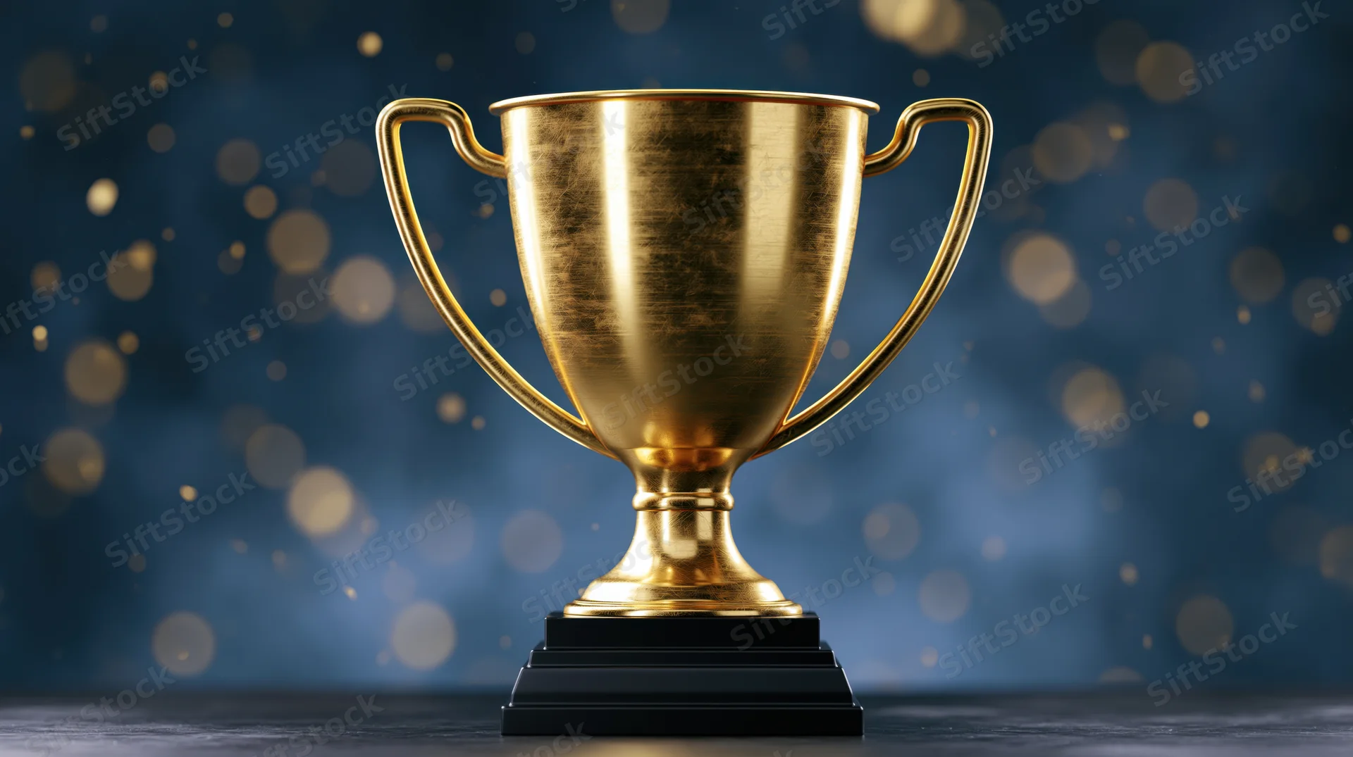 Golden trophy cup centered on dark surface with sparkling bokeh background