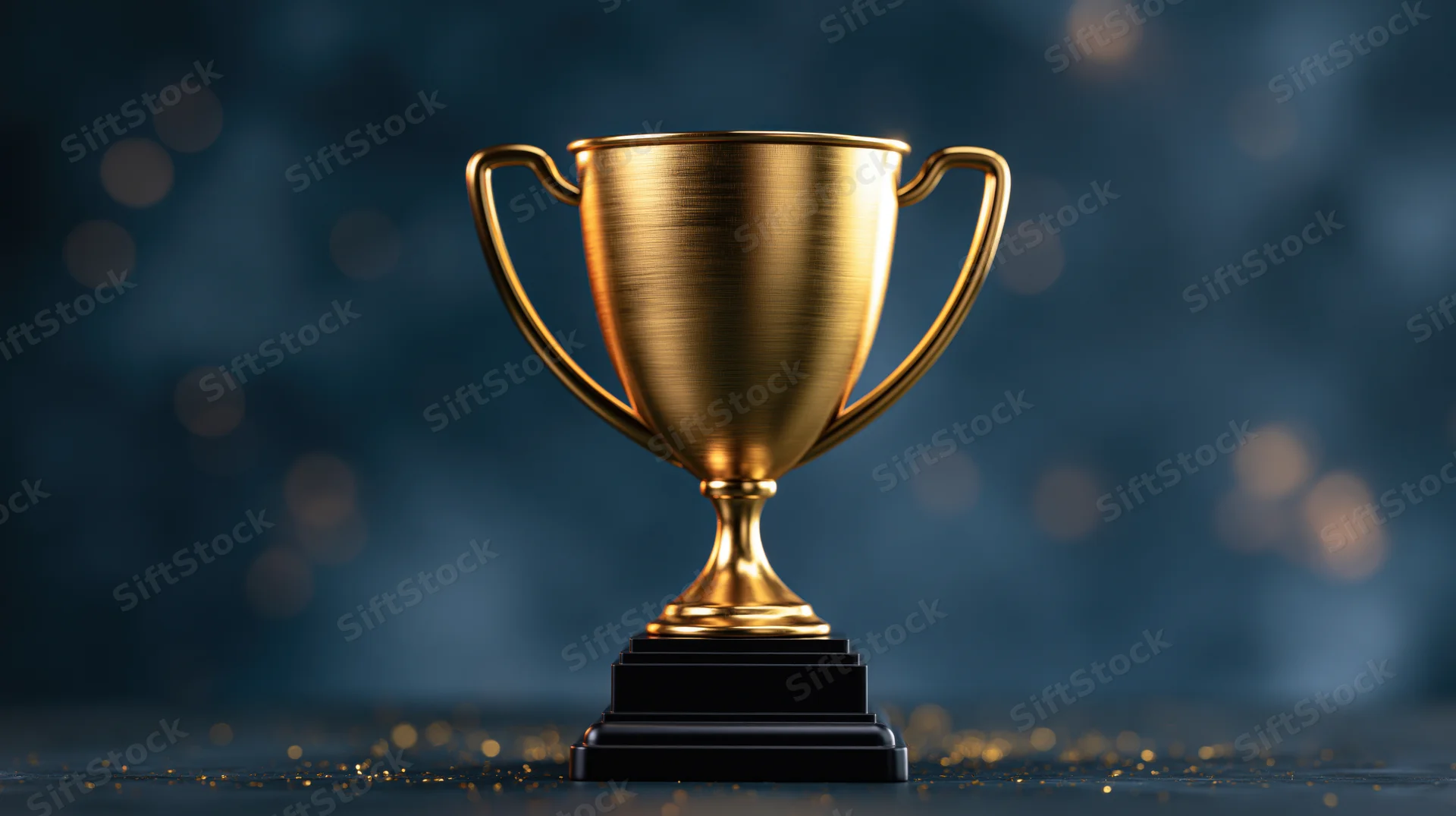 Golden trophy cup on black base centered on dark surface with bokeh lights