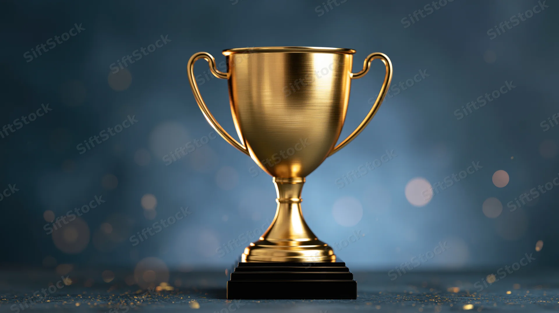 Golden trophy cup centered on dark surface with bokeh background