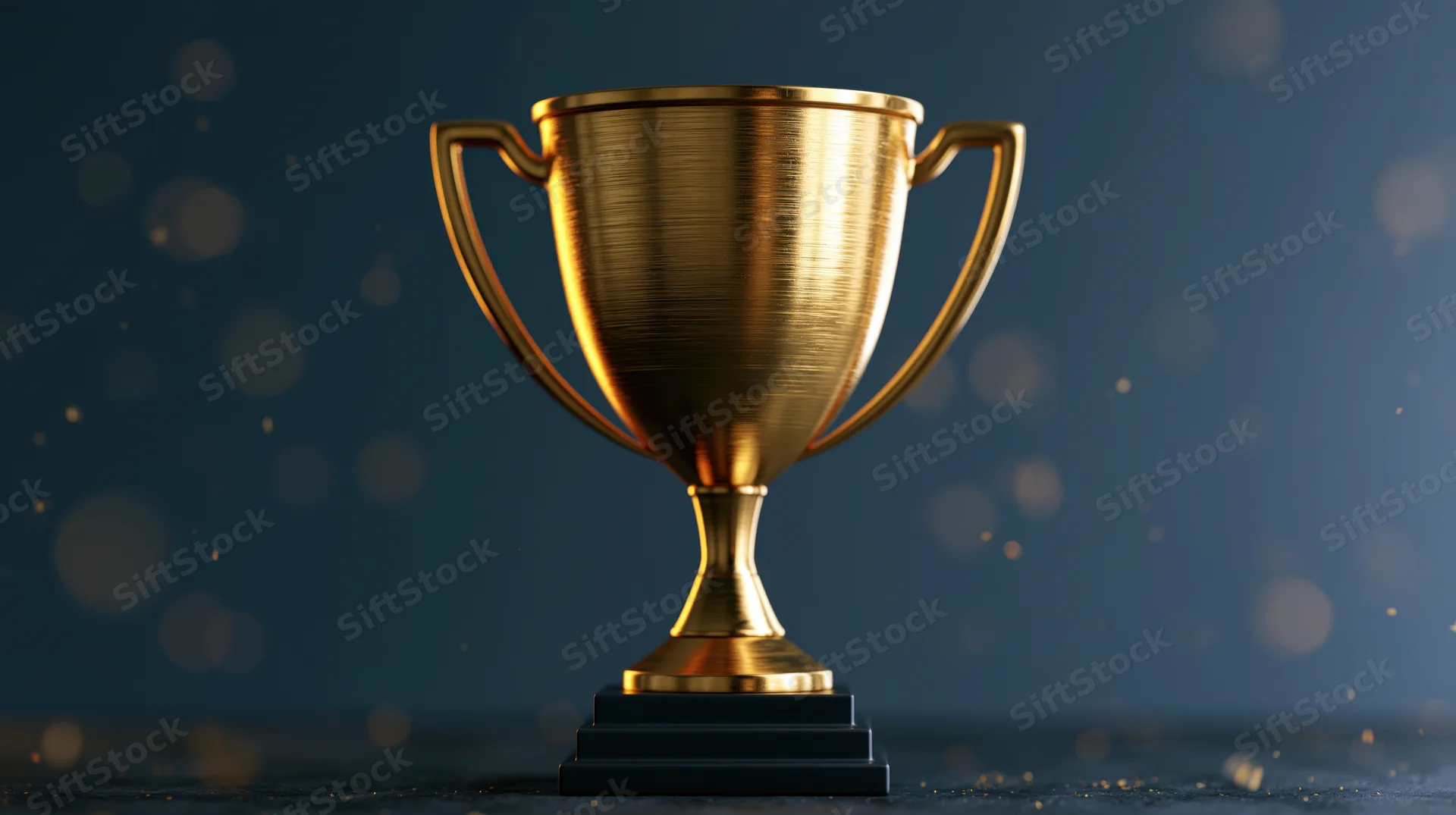 Golden trophy cup centered on dark surface with sparkling bokeh background