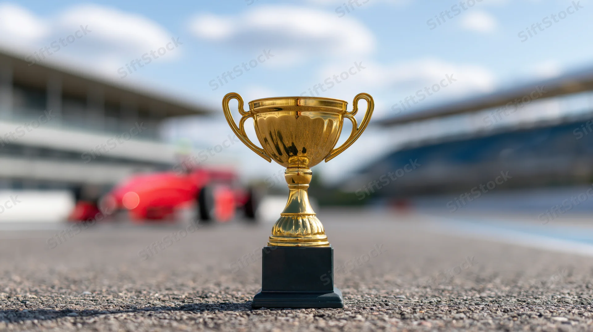 Gold trophy on asphalt at edge of motorsport track with blurred red race car in background