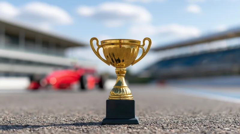 Gold trophy on asphalt at edge of motorsport track with blurred red race car in background