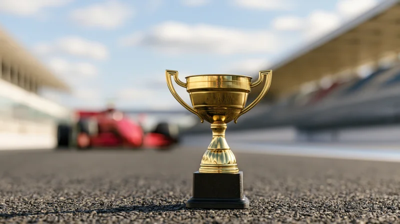 Gold trophy on asphalt at edge of motorsport track with blurred racing car in background