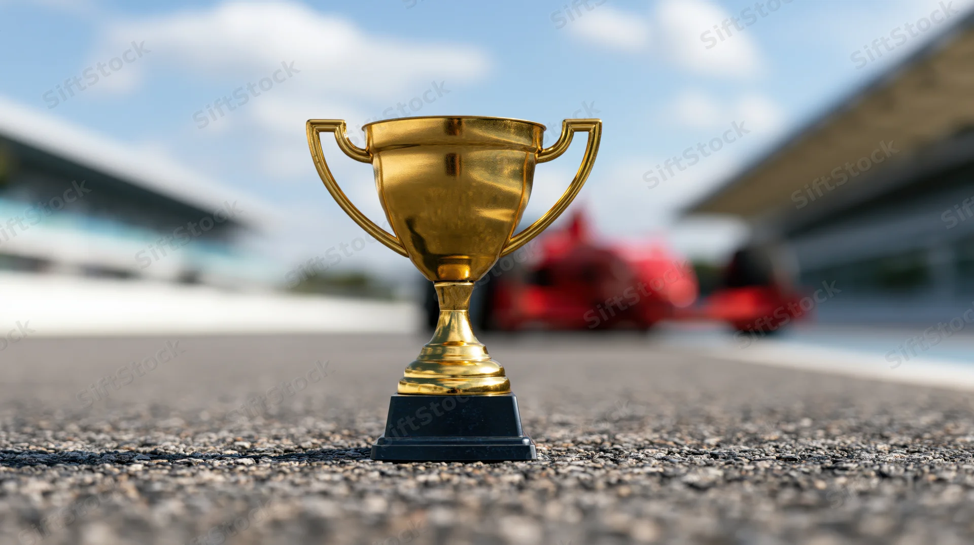 Gold trophy on asphalt at edge of race track with blurred red racing car in background
